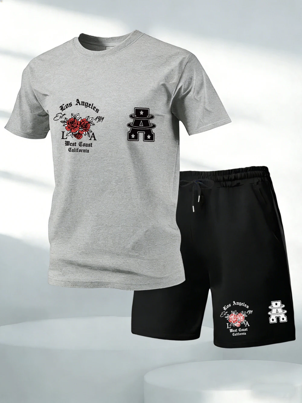 

Two Pieces Set Los Angeles California A Prints Cotton T-Shirts Pants Mens O-Neck Oversized Soft Tops High Waisted Pocket Shorts