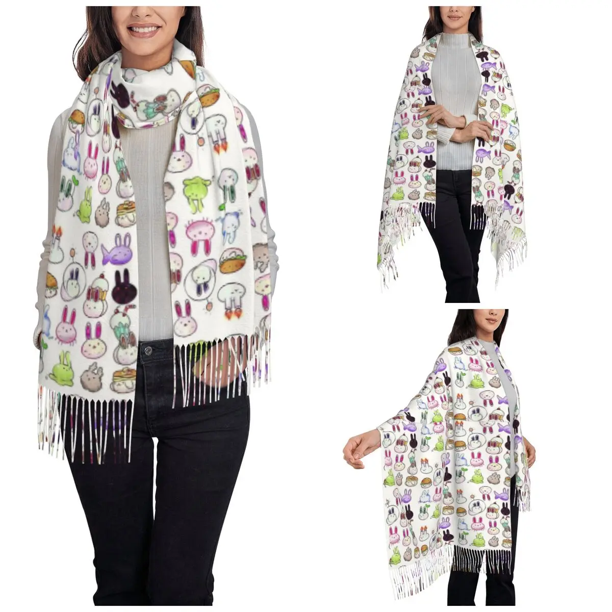 Omori Bunnies Shawl Wraps for Women Winter Warm Large Long Scarf Horror Video Game Neckerchief Tassel Scarves
