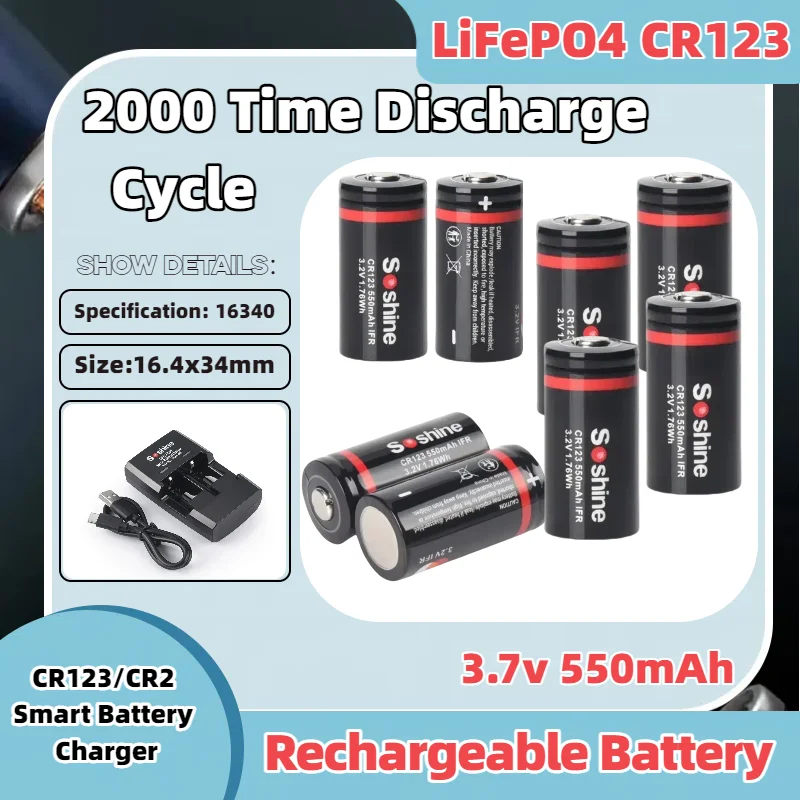 

LiFePO4 CR123 3.2V 550mAh Rechargeable Battery Smart Charger 16340 Battery Safe Long-Life LiFePO4 Battery for Flashlight,Camera