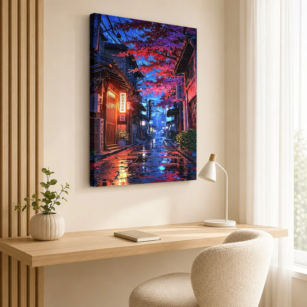 Rainy Japanese Cherry Blossom Street Wood Framed Canvas Print Personalized Photo Vivid Urban Night Scene Wall Art For Entryway