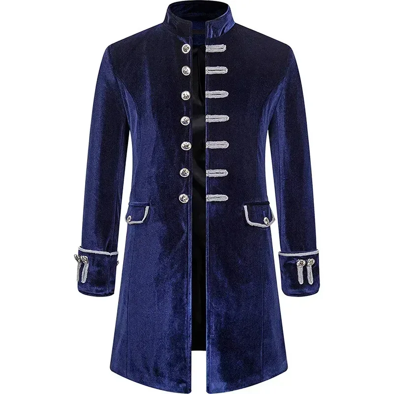 Men's solid color fashion steampunk retro velvet uniform standing collar coat