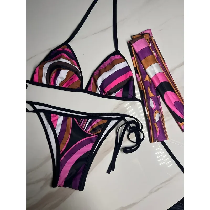 Nowe damskie zestawy bikini z opaską na głowę 2025, modne wzory, nadruk w paski z literami, luksusowe stroje kąpielowe europejskiej marki, seksowne tankini.