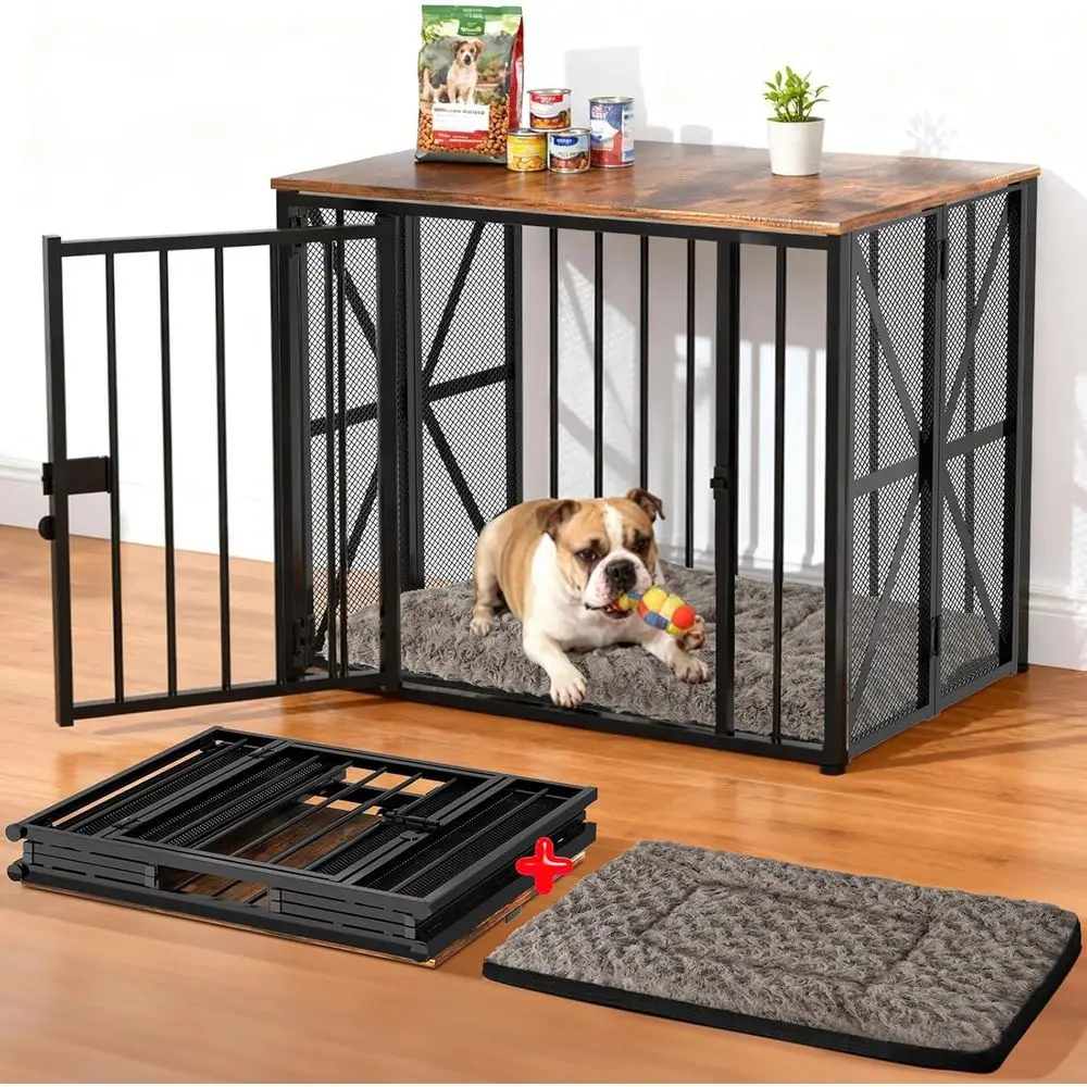 Portable Wooden Dog Crate with Bed Mat, 27 for Small Dogs (Under 25 lb), Heavy Duty Indoor Kennel