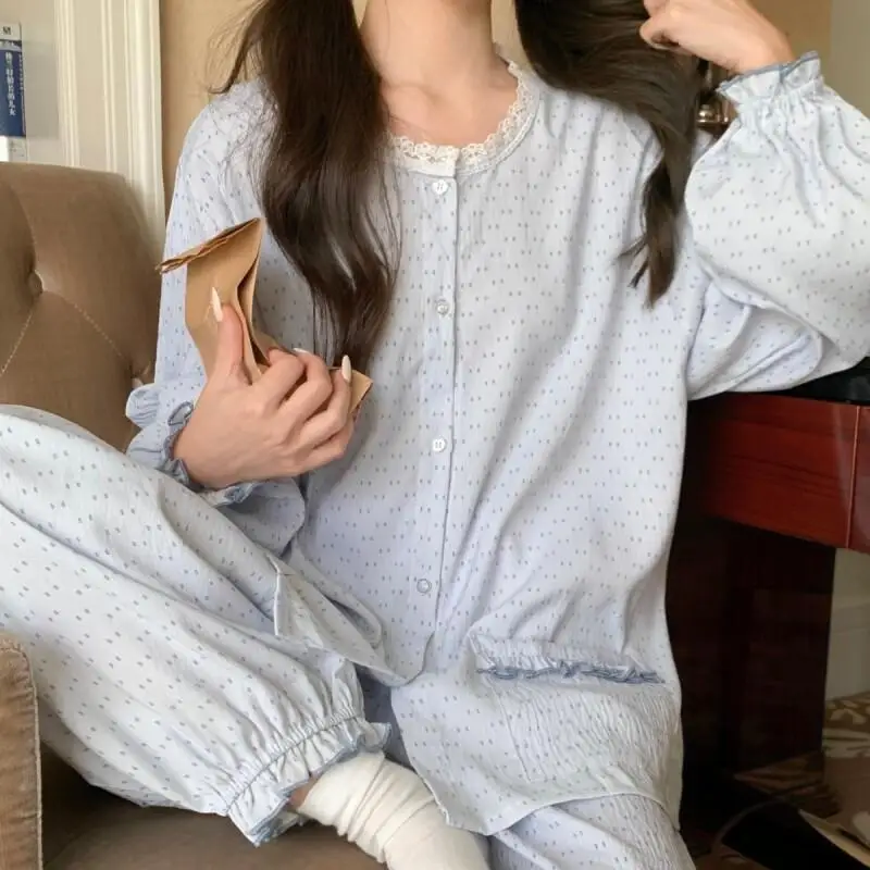 

Корейская кавайная весенне-осенняя новая милая кружевная милая пижама с длинными рукавами для девочек, простая свободная удобная домашняя одежда, комплект из двух предметов