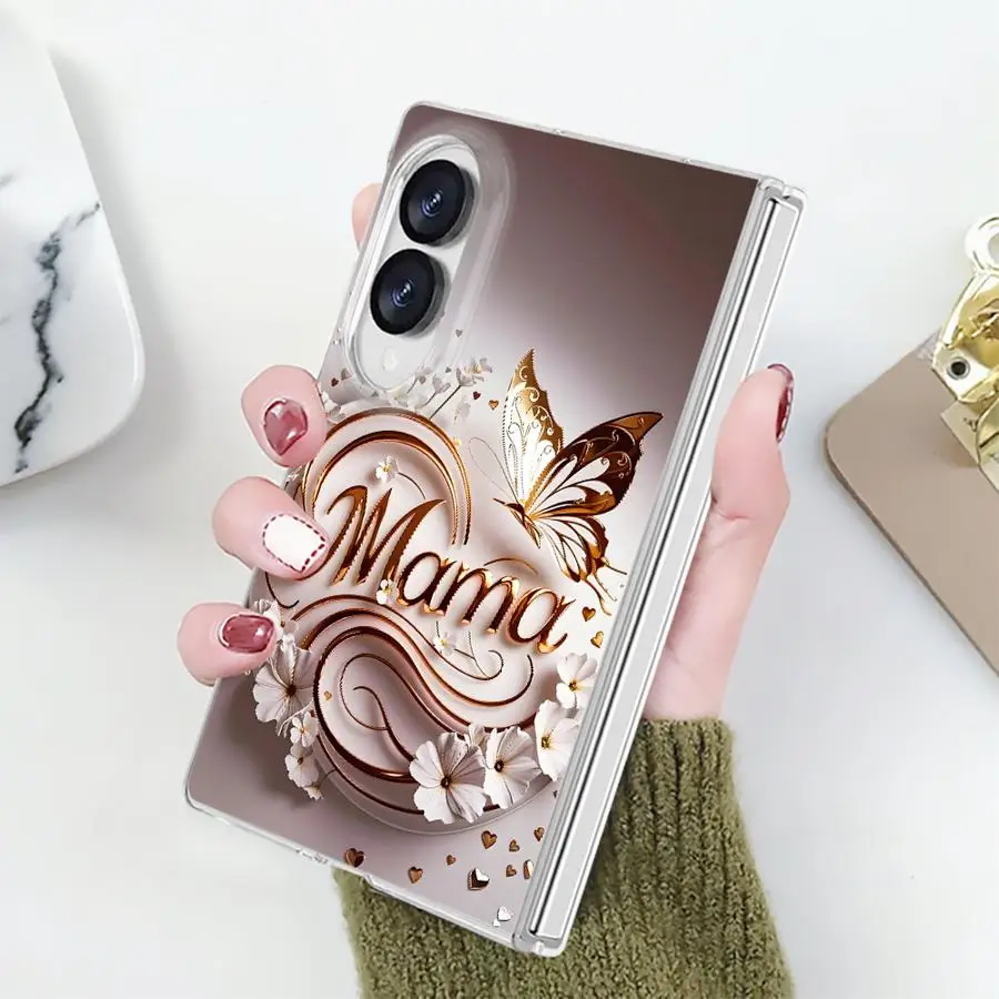 Transparent Phone Cover Case for Samsung Galaxy Z Fold 8 PC Hard Luxury ZFold8 ZFold 8 Daisy Butterfly Letter Mom