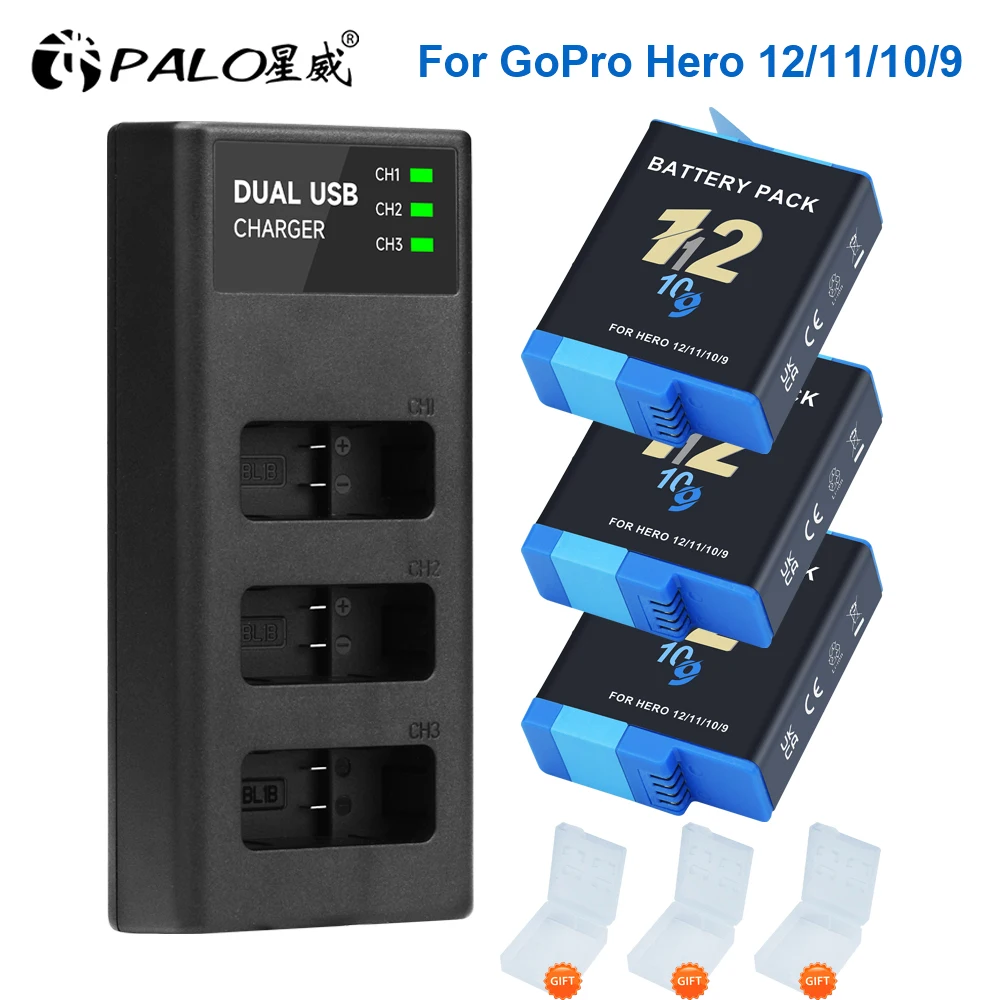 

PALO 1-4pcs 2000mAh Battery for GoPro Hero 9 Hero 10 11 12 Cameras + 3-Slots LED USB Charger Black with Battery Storage