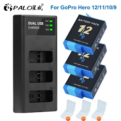 PALO 1-4pcs 2000mAh Battery for GoPro Hero 9 Hero 10 11 12 Cameras + 3-Slots LED USB Charger Black with Battery Storage