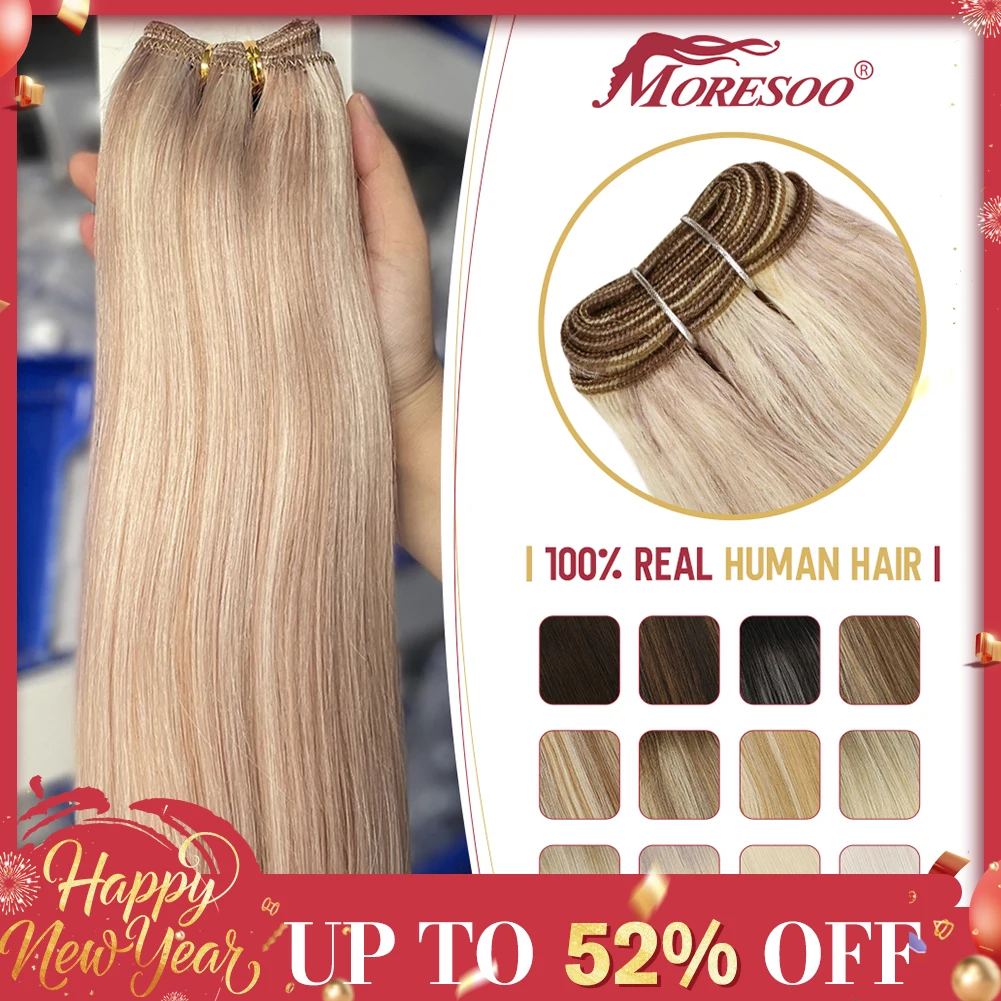 Moresoo Sew in Hair Extensions Weave Hair Human Bundles Machine Remy Hair 100 Gram Double Weft Soft Straight Human Hair Weft