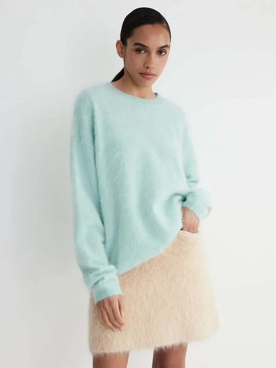 Blubelle, suéter de punto de Color sólido para otoño e invierno para mujer, cuello redondo, manga larga, ajuste holgado, jerséis de moda informales relajados