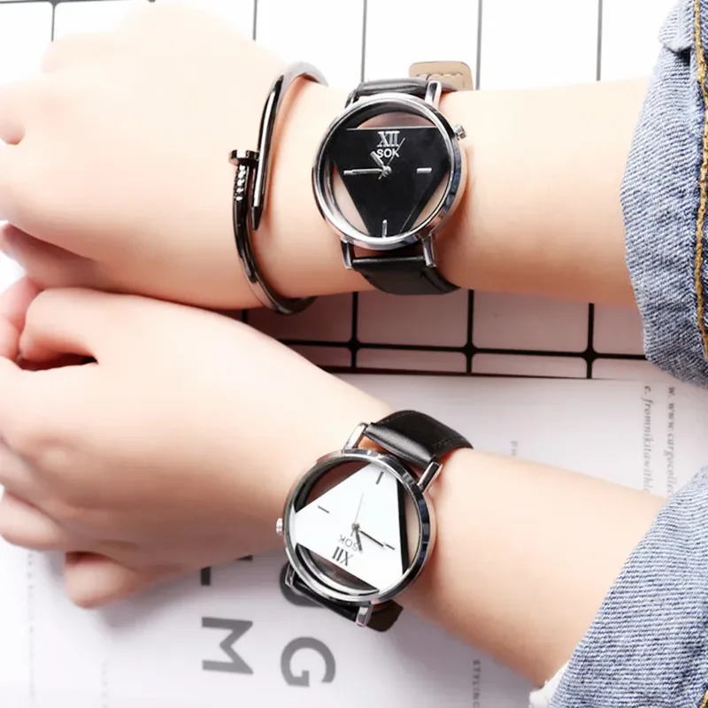 

Fashion Hollow Triangle Women Quartz Watches Simple Novelty Individualism Creative Wrist Watch Black White Leather Couple Clock