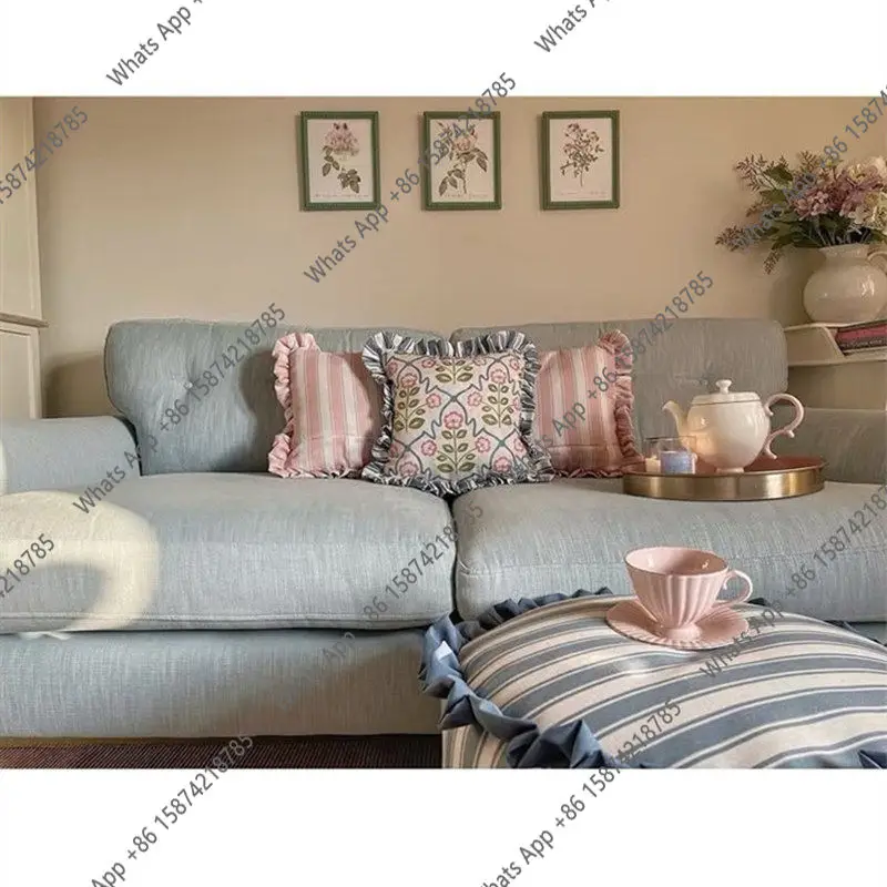 

Zx French Vintage Sea Blue Cotton And Linen Fabric Three-person Sofa American Pull-button Mid-century Cream Style Home Living Ro