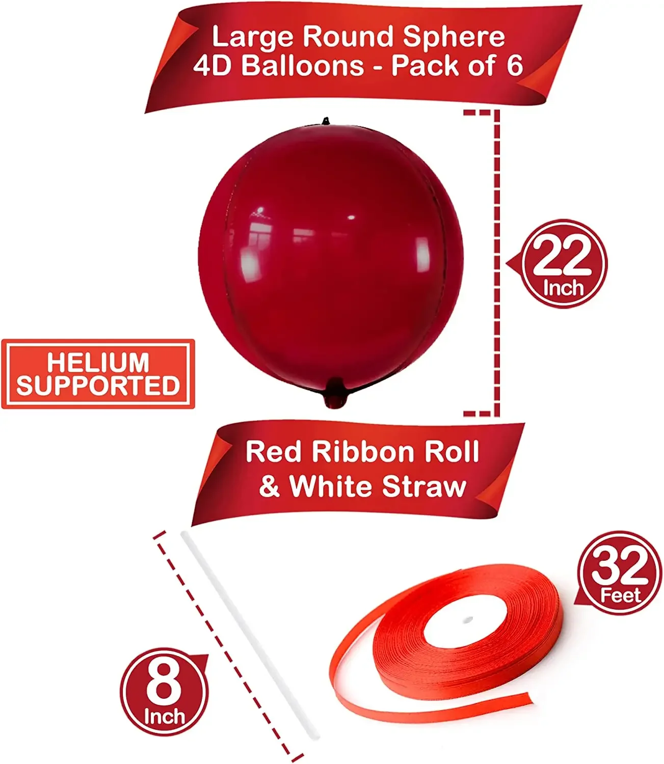 Big Metallic Red Balloons Foil - Pack of 6, 22 Inch 4D Round Red Metallic Balloons | Red Chrome Balloons
