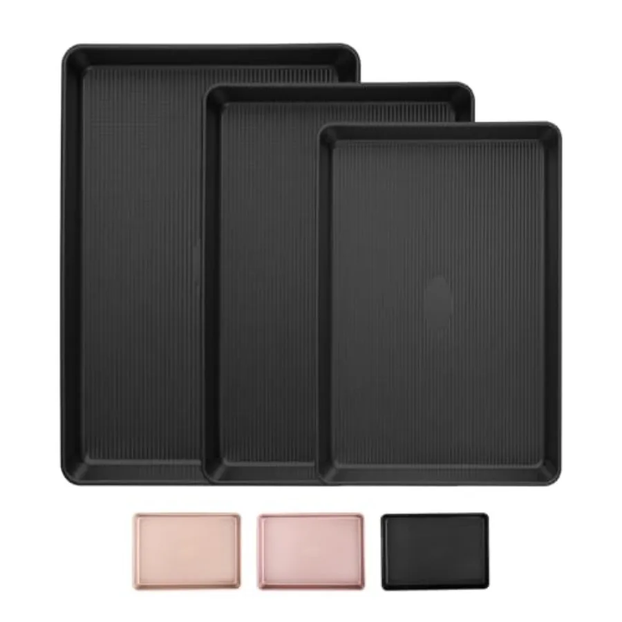 

Nonstick Baking Sheet Pan Set of 3 Heavy Duty Cookie Sheets for Oven with Stripe Texture Pattern 0.6mm Thick Quarter/Half/Jelly