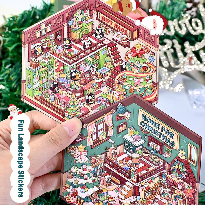 Christmas Theme DIY 3D Sticker Cartoon Pocket Cabin Scene Stacking And Pasting Festival Birthday Gift For Kids Student