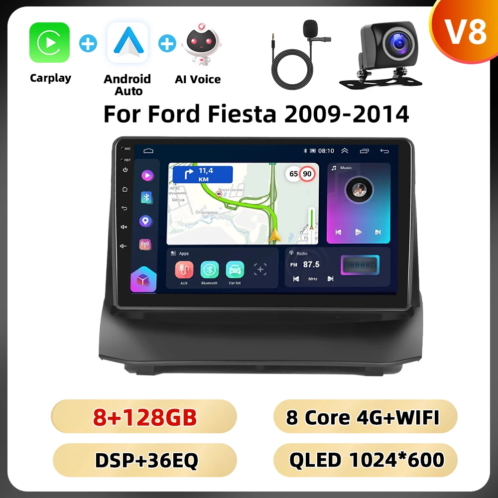 Podofo 2din 8Core Autoradio Voor Ford Fiesta 2009-2014 Multimediaspeler Gps Navigatie Wifi 4G Carplay Android Autoradio