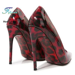 Leopard Print High Heels PU Leather Pointed Thin Heel Party Shoes Women Stiletto 12CM Shallow Mouth Elegant Pumps Big Size 35-46