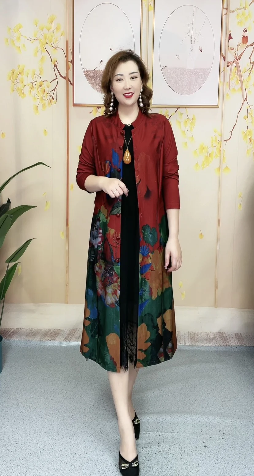 

Elegant Over-Knee Midi Coat for Women Autumn Spring Fashionable Thin Outerwear for Middle-Aged And Elderly Ladies
