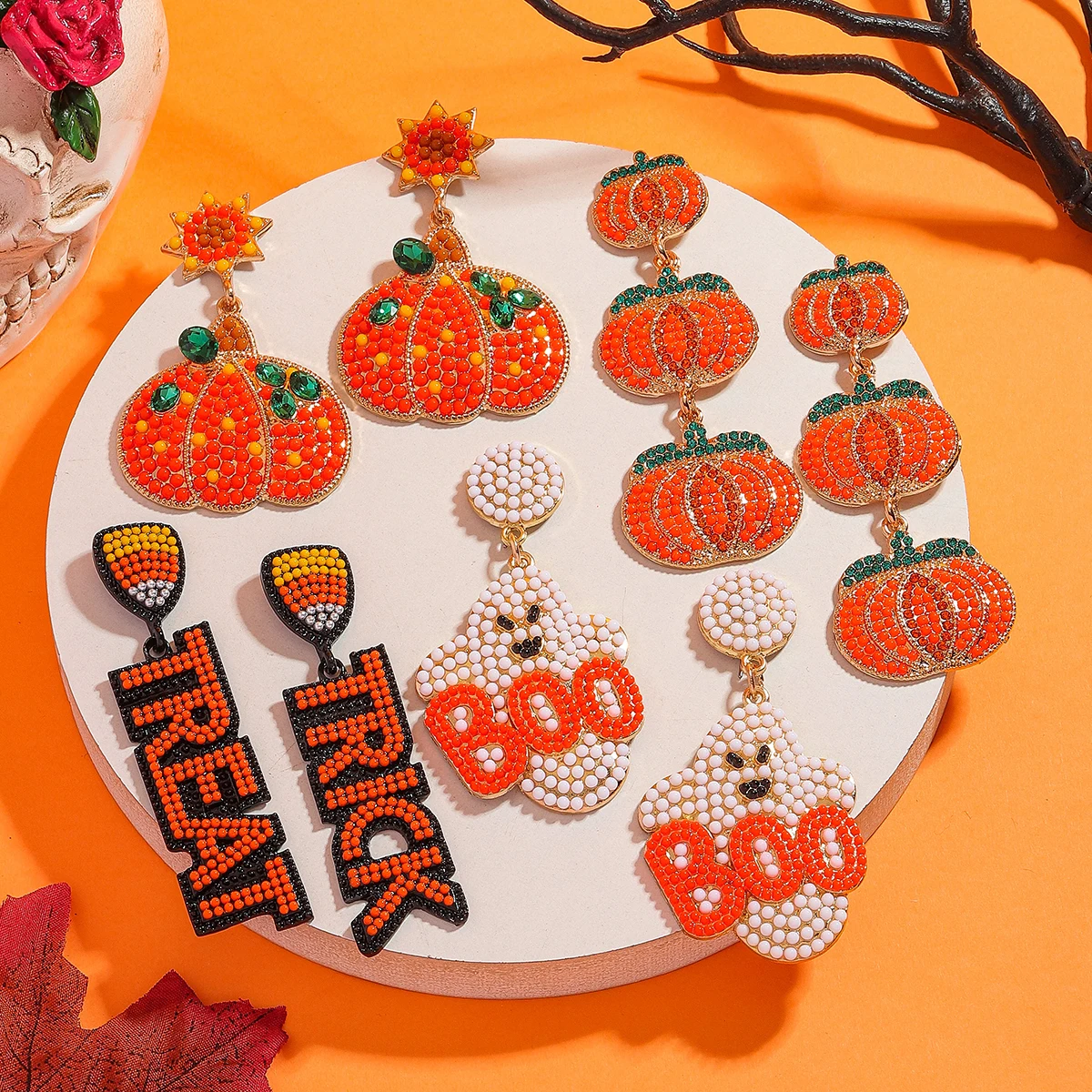 

Creative Halloween Beaded Pumpkin Ghost Trick Dangle Earrings For Women,Boho Handmde Seed Beads Alloy Jewelry,Best Festival Gift
