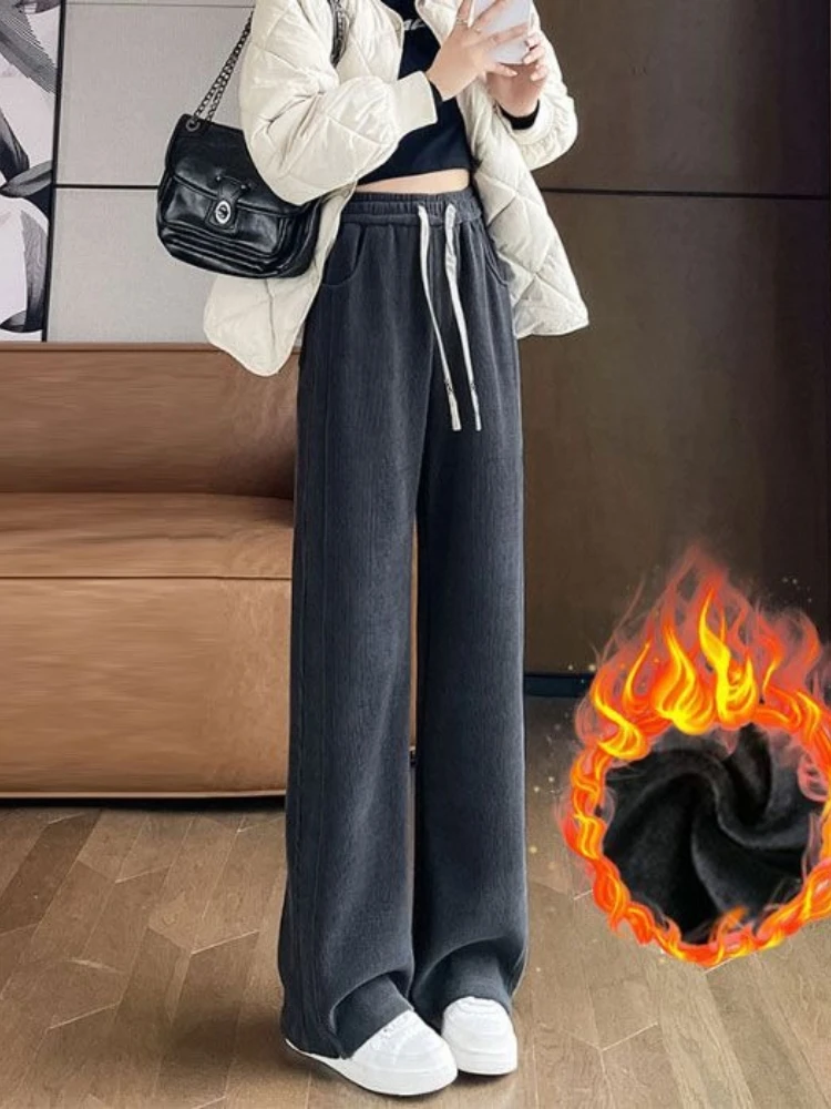 Wijde broek Damesbroek Herfst Winter Nieuwe verdikte joggingbroek met hoge taille Losse dunne casual broek Broek met rechte pijpen
