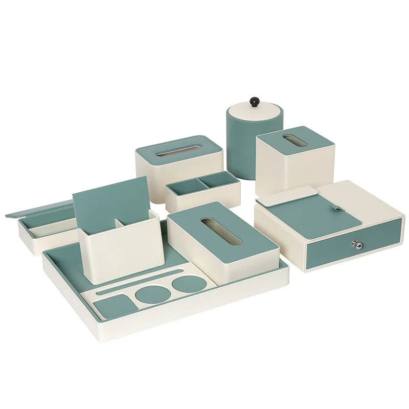 Hotel Room Storage Set with Custom Logo, Toothbrush Tray, Tissue Box, Trash Can & Remote Control Organizer view 3