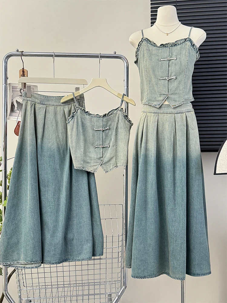 

Women Retro Denim 2pcs Suit Strapless Crop Vest Tops + High-waisted Jeans Skirt Clothing Sets