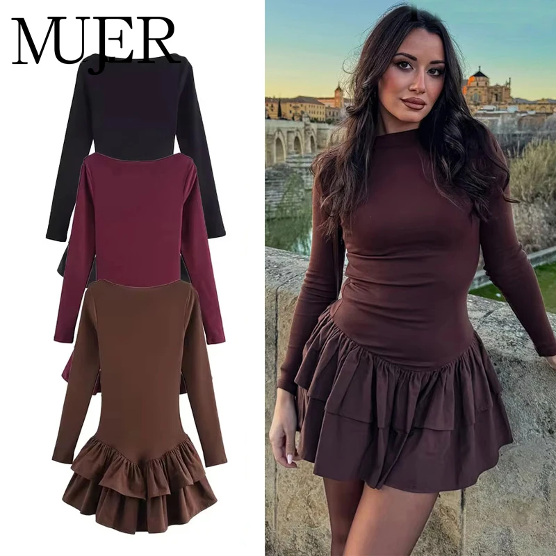 MUJER 2025 Rüschen Kurze Kleider für Frauen Fee Bodycon Minikleid Frau Frühling Party Damen Kleider Vintage Strick Damenkleid