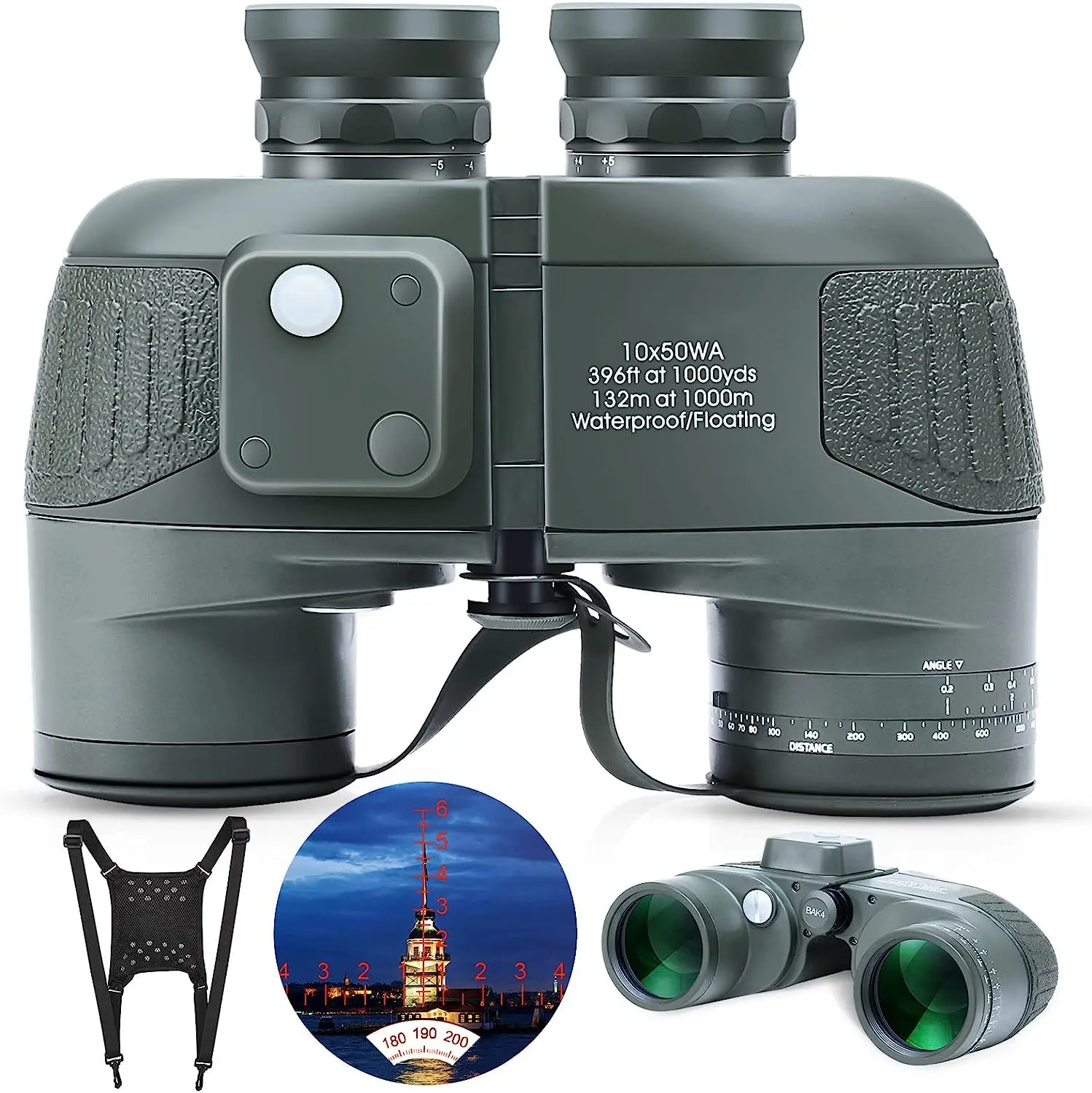 High Power Military 10x50 Marine Binocular  With ngefinder Compass Bak-4 IP7 Waterproof Bino For Camping Floating Sports