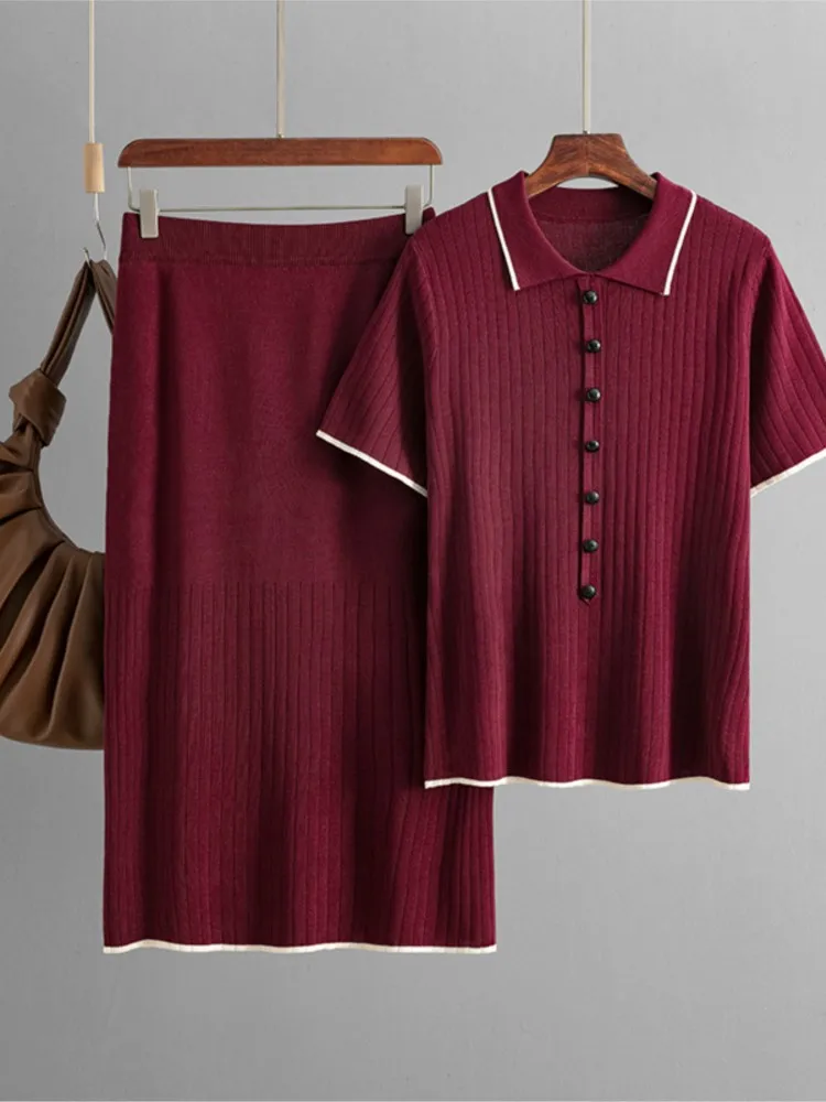 Casual Solid Polo Top Set per le donne Moda T-shirt a maniche corte + Gonne lunghe Set da 2 pezzi Lady 0ffice Vacanza Abbigliamento donna