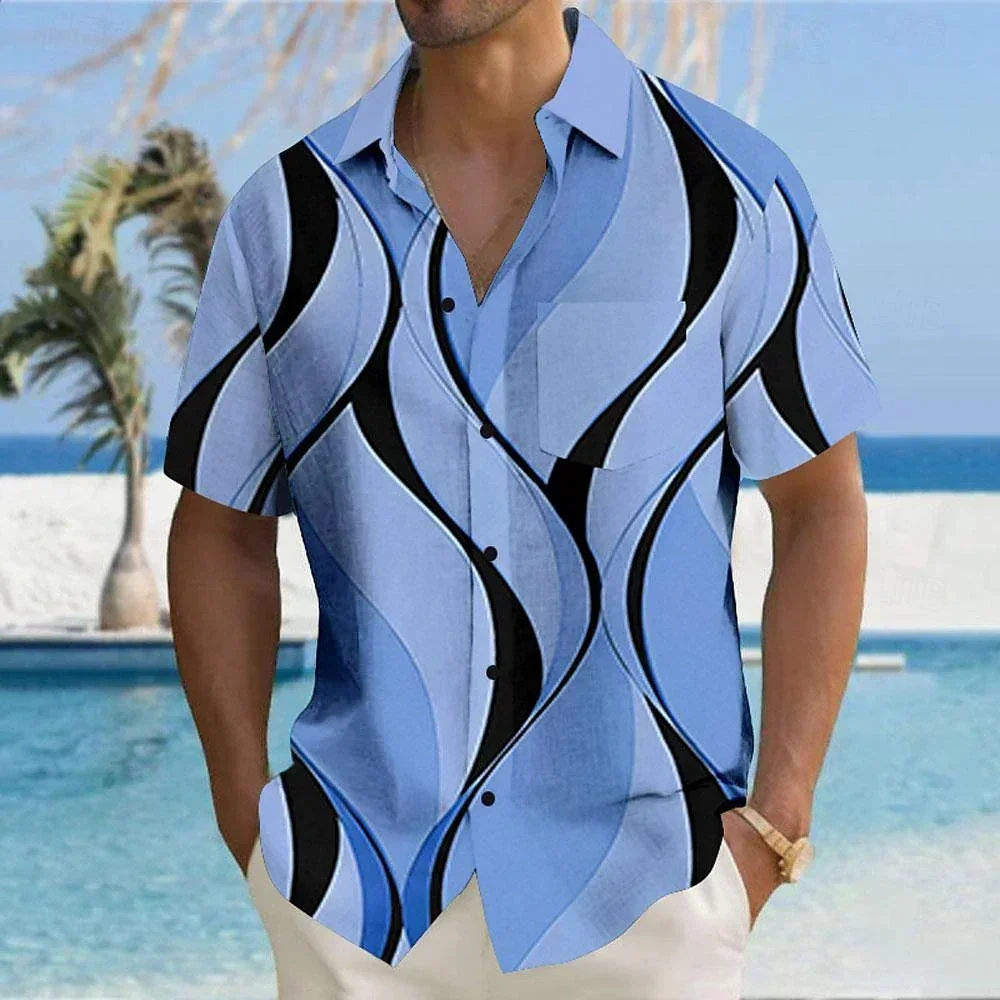 

Men's Geometric Stripe Printed Shirt, Hawaiian Vacation Shirt, Casual Party, Outdoor Vacation, Summer tops&tees Clothing