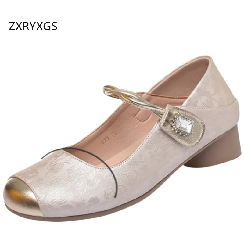 ZXRYXGS 2026 New Spring Spell Colors Women Genuine Leather Shoes Low Heels Comfortable Elegant Fashion Banquet Shoes Large Size