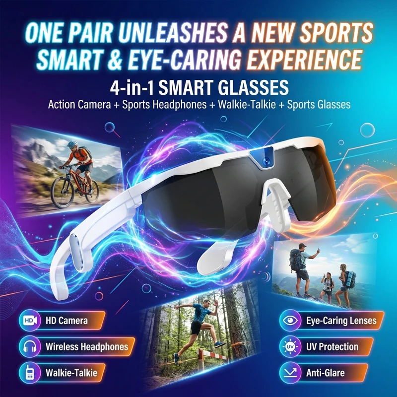 AI Sports Smart Glasses With Camera 2026 Outdoor Cycling Headphones Touch Control Windproof Bluetooth Translation Sunglasses