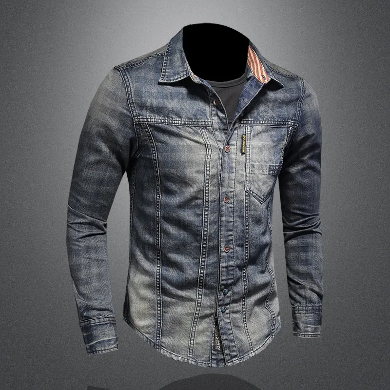 

Denim Shirt Retro Men's Color European Style Printed Casual Shirt Men's Punk Shirt Top Large Size