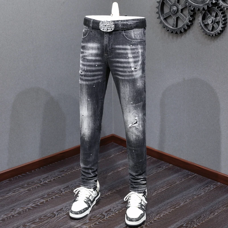 

Street Fashion Men Jeans Retro Black Gray Stretch Skinny Fit Painted Ripped Jeans Men Brand Designer Vintage Denim Pants Hombre