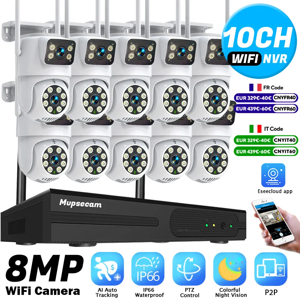 4K 8MP WIFI Cameras Wireless NVR Kit Outdoor HD Video Surveillance System PTZ Security IP Camera Auto Tracking Night Vision CCTV