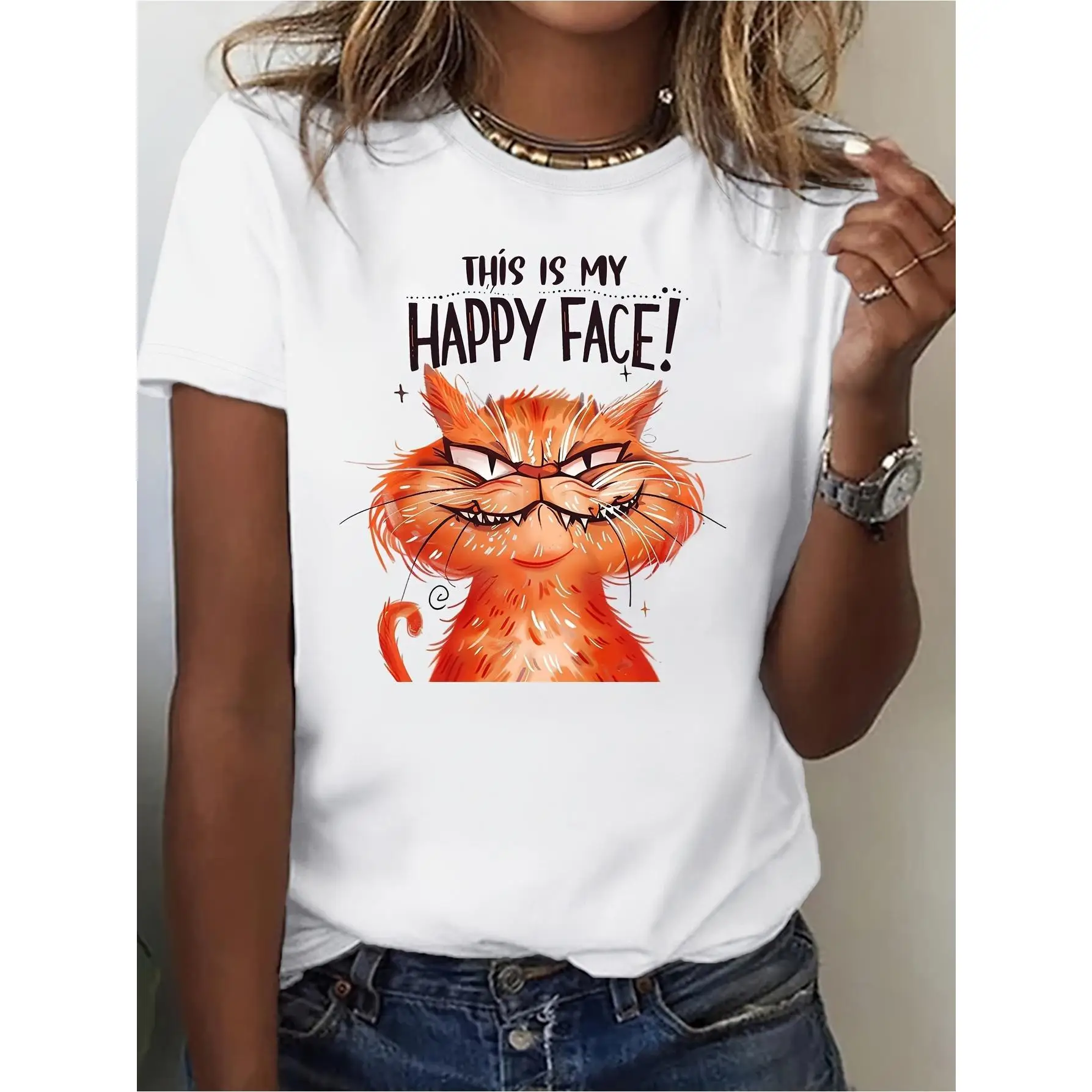 

Funny Cat Graphic T-Shirt Women’s “This Is My Happy Face” Humor Cotton Tee for Pet Lovers, Summer Outfit or Gift Idea