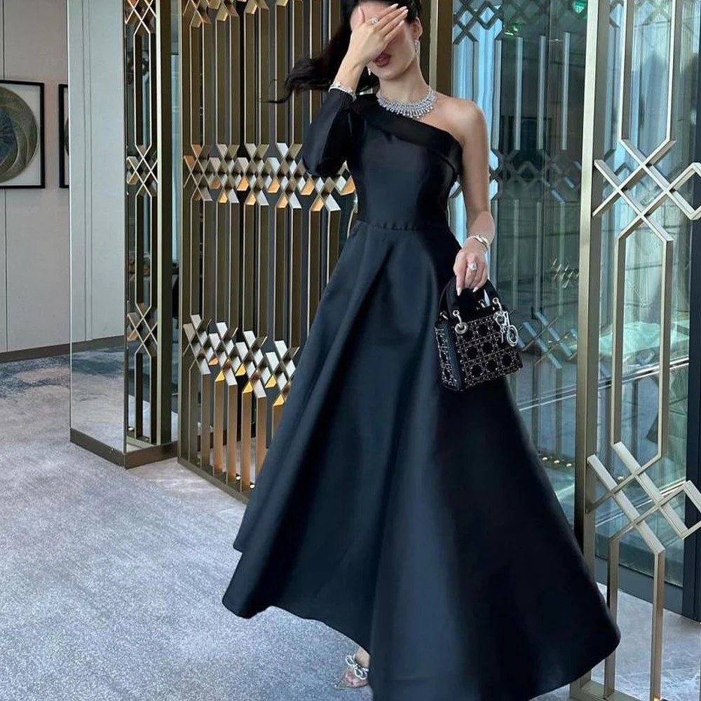 

Elegant Evening Dresses One Shoulder Long Sleeve Black Prom Dress Gala Wedding Guest Party Dress Customized robes de soirée