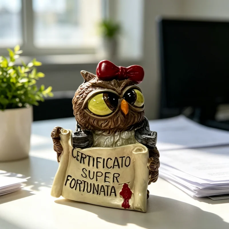 Super Fortunata Certificate Owl Sculpture, Resin Owl Desk Decor, Cute Brown Owl Statue for Office & Home