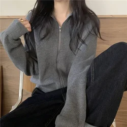 Fashion Zipper Cardigan Loose Simple Versatile Long-sleeved Knitted Cardigan Grey Autumn and Winter Casual Turtleneck Sweater