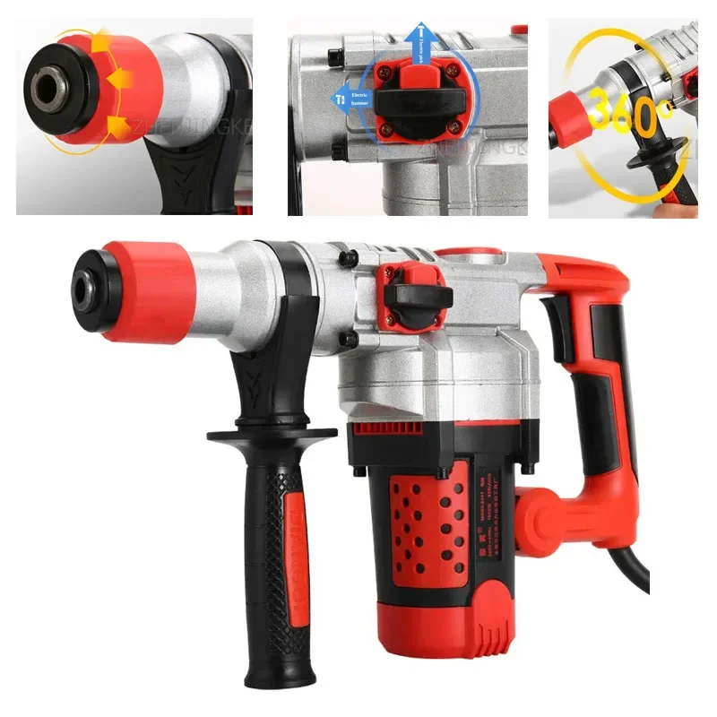 

2200W 220V Heavy Duty Rotary Hammer Drill Industry Multifunction Impact Drill Electric Pick for Concrete Metal Stone