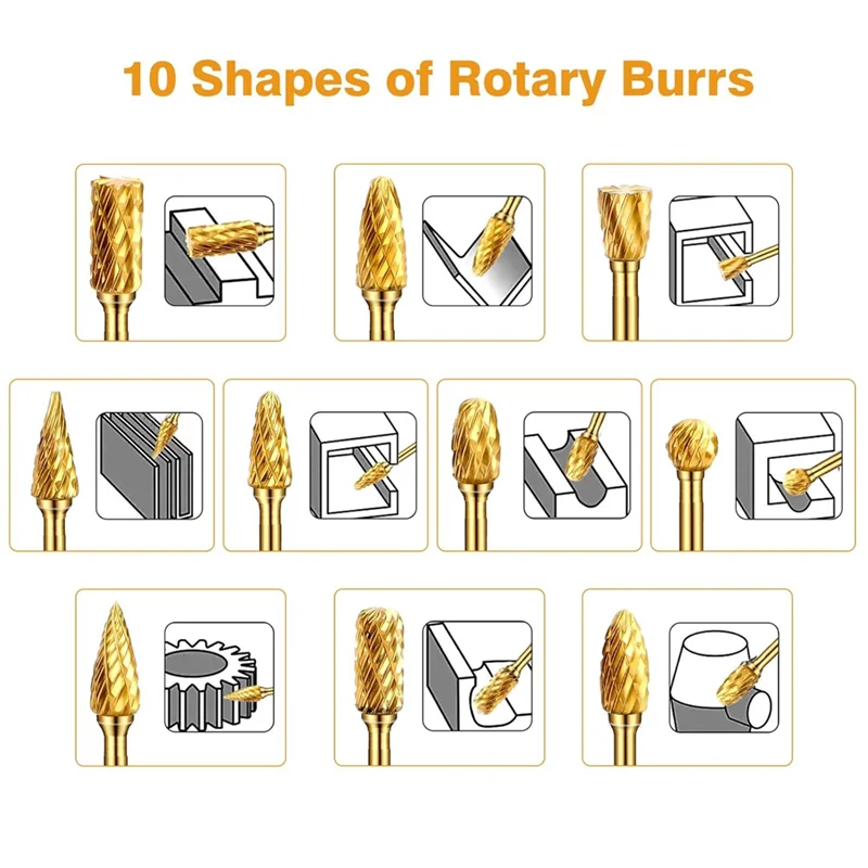 

ABRS-10 Pcs 1/4Inch Carbide Burr Set, Double Cut Die Grinder Bits Rotary Burrs Tool Set With Box For Metal, Wood, Stone