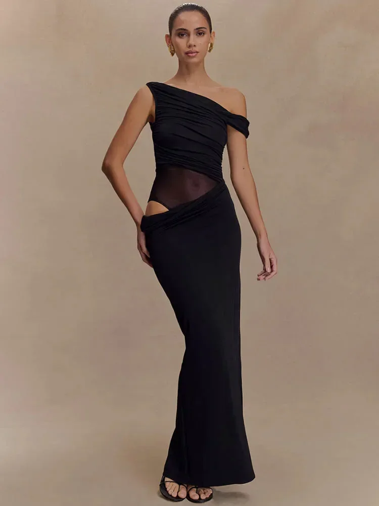 Um ombro slinky sexy maxi vestido feminino verão moda sem costas sem mangas split clube festa vestido longo elegante
