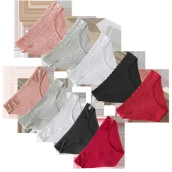 10Pcs/set Cotton Panties Women Sexy Floral Lace Panty Underwear Lingerie Solid Color Female Underpants Intimates Lady 2021 New