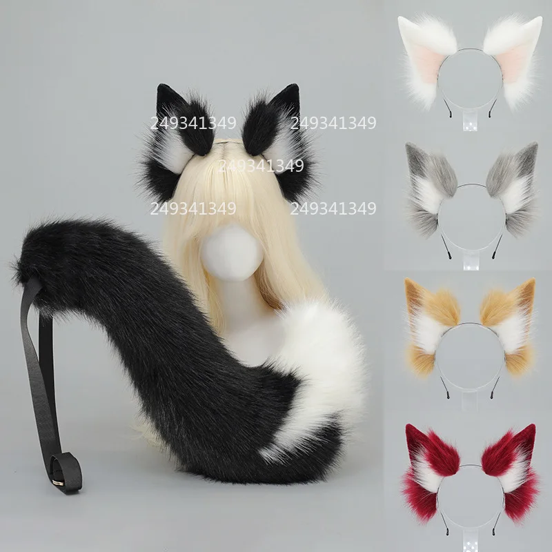 الوردي الأبيض الثعلب الأذن الذيل فروي تأثيري أغطية الرأس ذيل كبير أفخم كوميك كون الأداء الدعائم الحيوان زي حفلة الملحقات #2