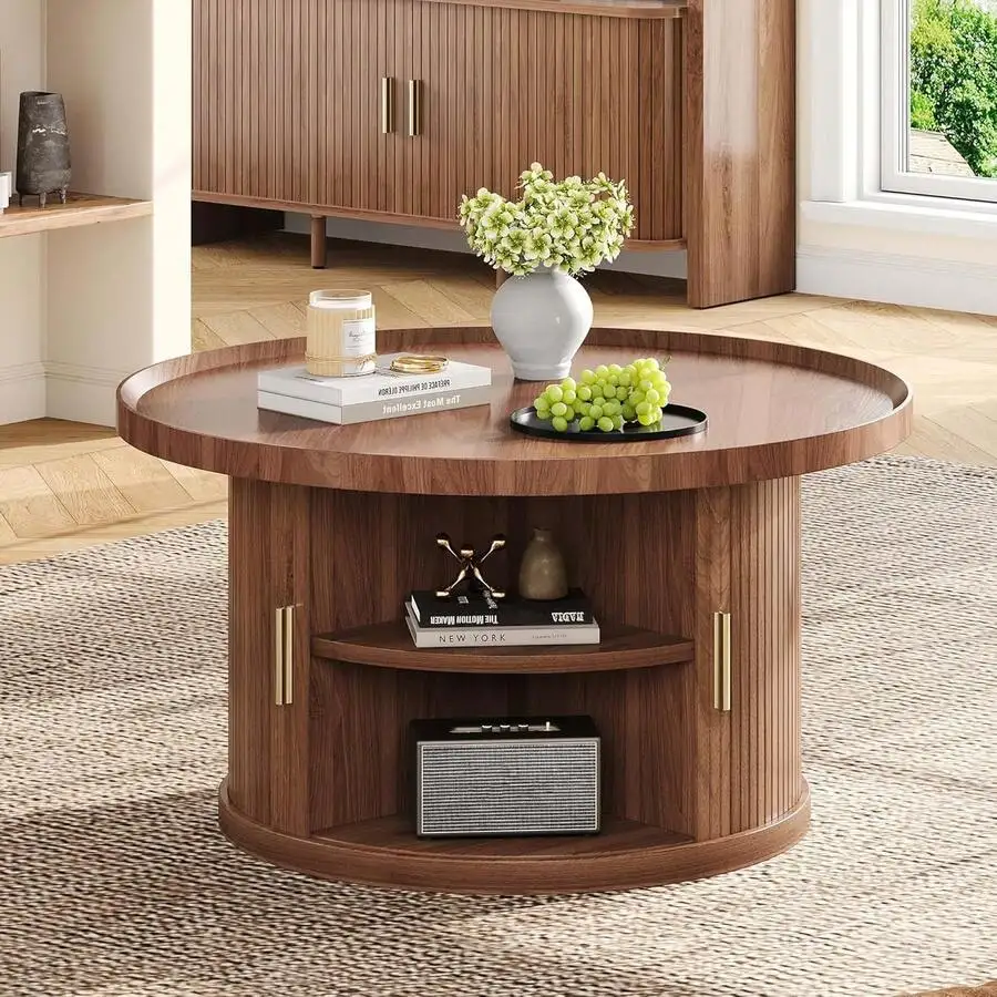 

Coffee Table, 31.5" Round Coffee Table With Storage & Sliding Tambour Door, Fluted Center Table For Living Room, Small Space,