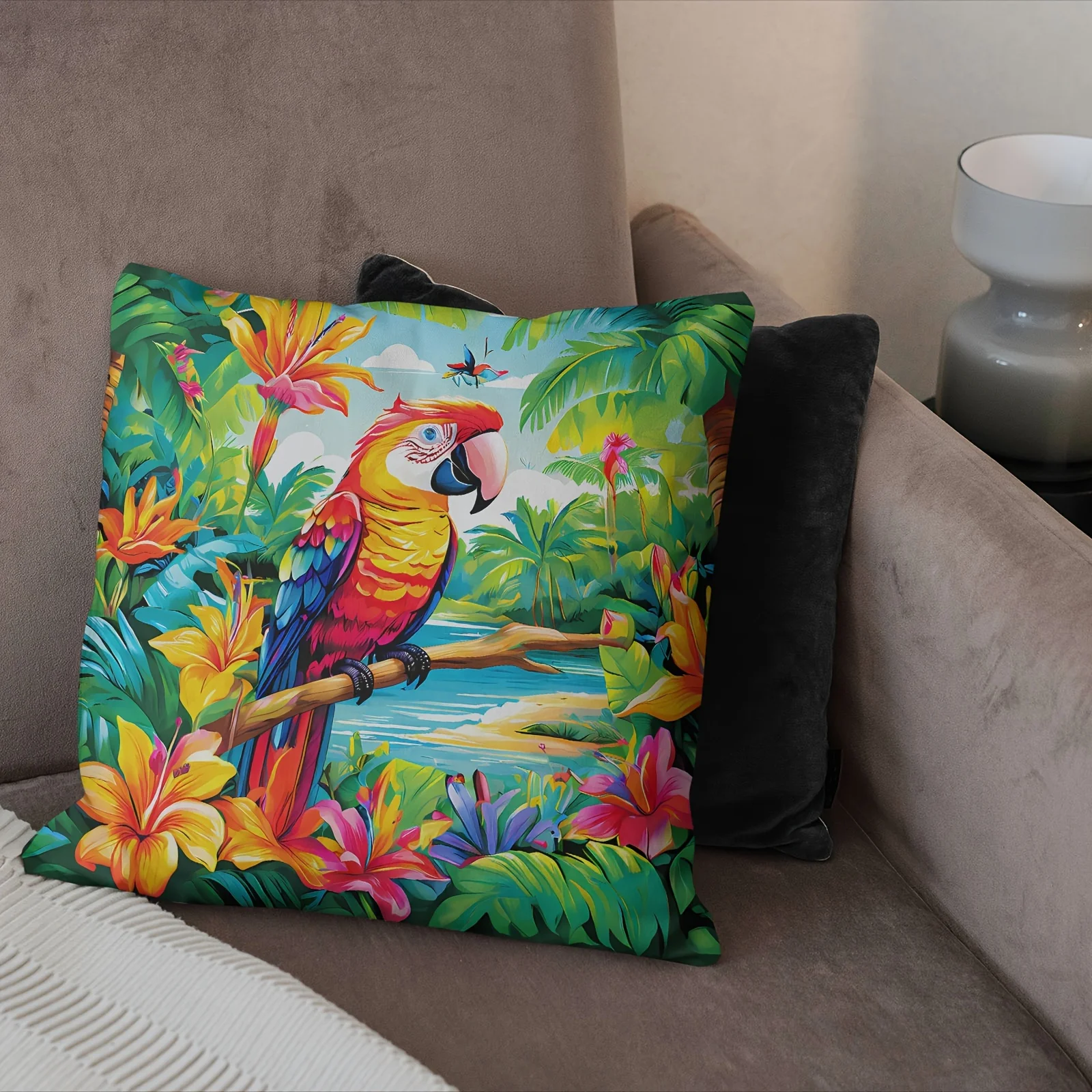 Tropical Parrot Outdoor Short Plush Throw Pillowcase,Printing Washable Pillowcase, Home Decoration Sofa Bedroom Decoration