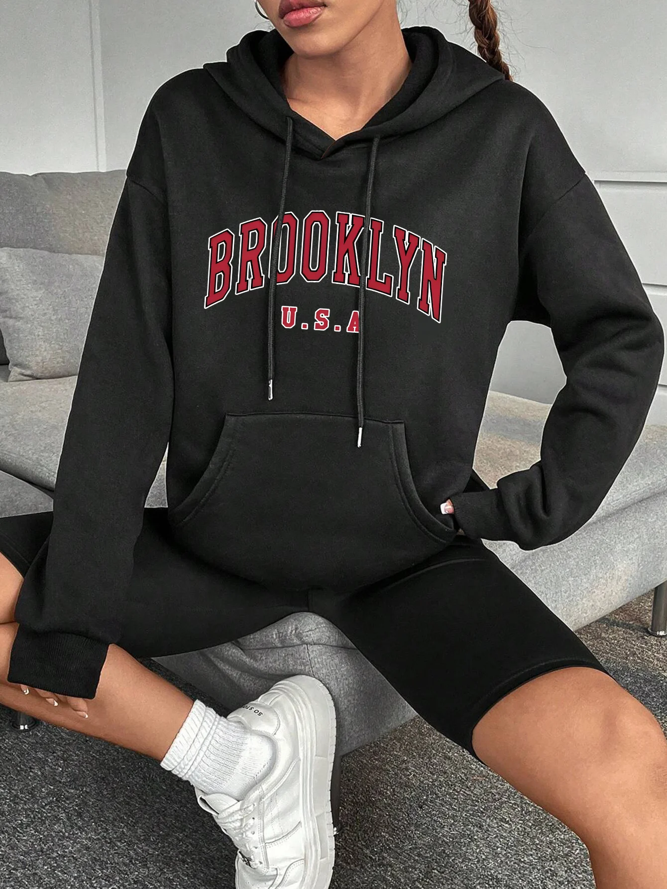 Chic Alphabet Drawstring Hoodie Women's Casual Knit Sweatshirt with Kangaroo Pockets Durable Stretch Fabric for Fall/Winter