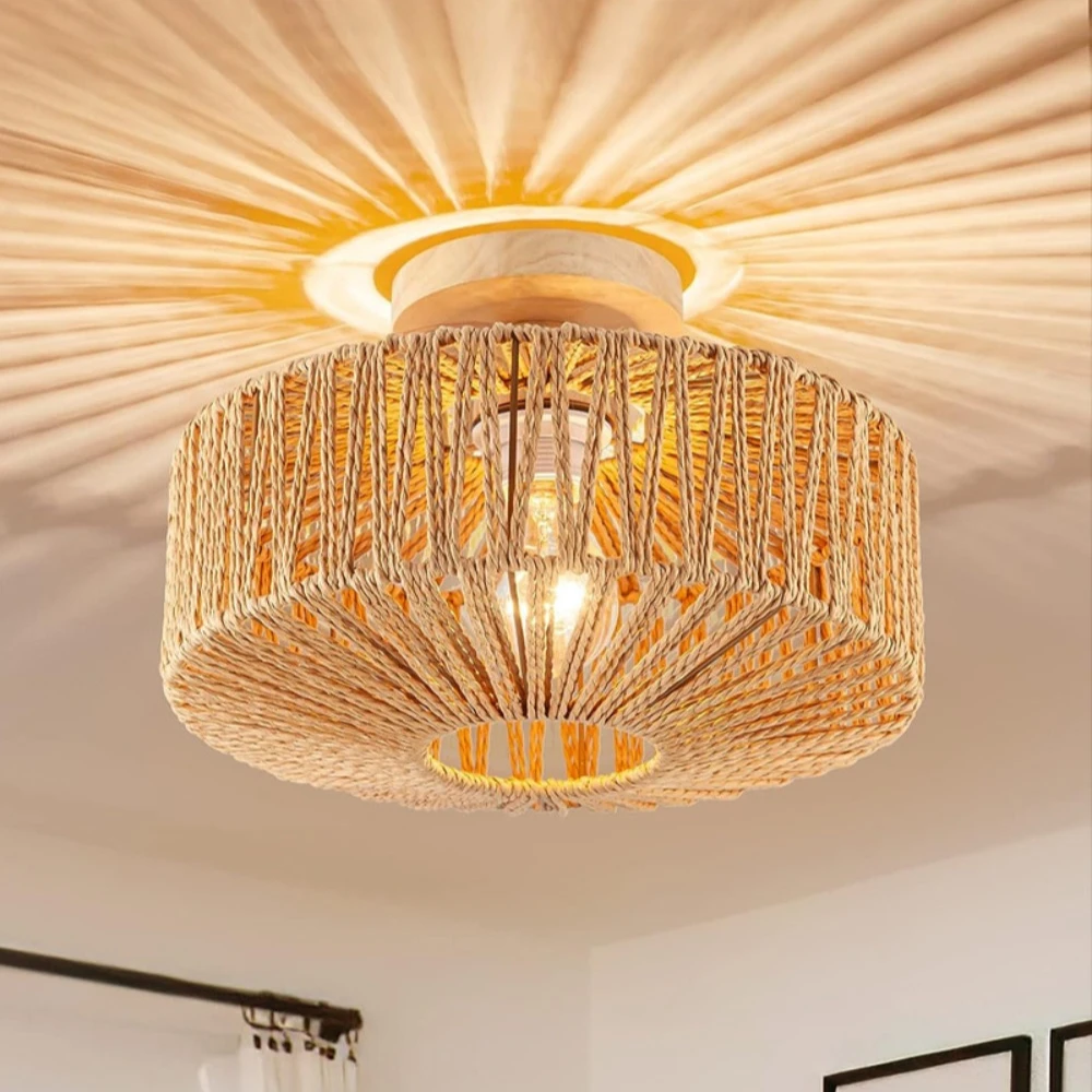 Bohemian ceiling light, LED E26 hemp rope light, natural rattan woven wall light, vintage interior decorative lighting fixtures