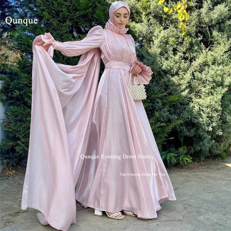 

Qunque Pink Satin Muslim Prom Dress Pearls Slit Sleeves Pageant Dresses High Neck Ruffles A-Line Formal Evening Gown Customized
