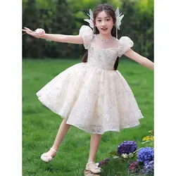 Girls' dress 2024 new super Fairy Summer Gauze dress Flower child wedding little girl birthday child Princess dress