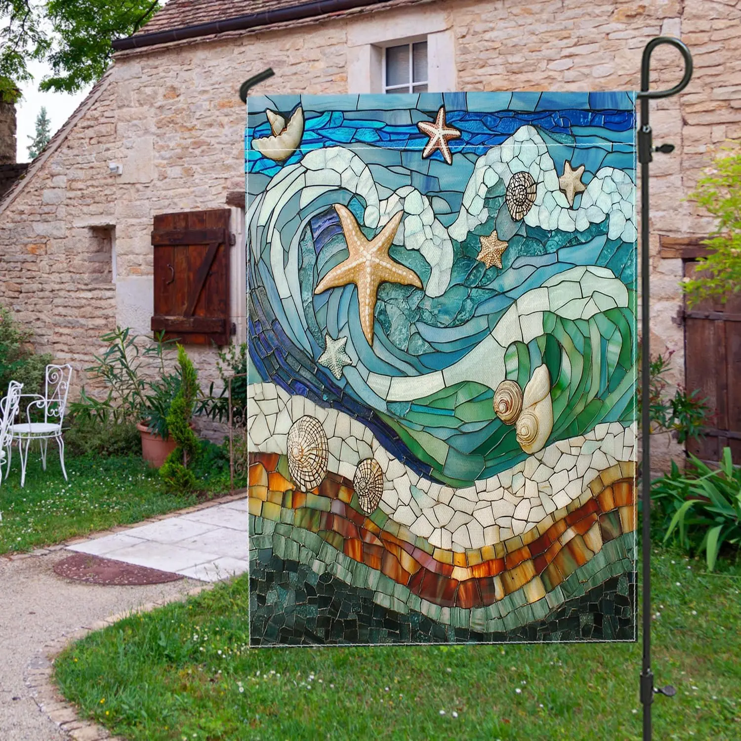 Ocean Coastal Starfish Front Yard Backyard Garden Flags Garden Decoration 12x18 Double-Sided for Outside, Stained Glass Seas uui